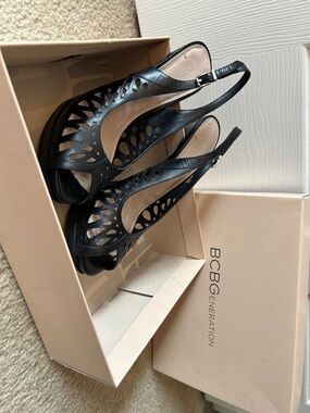 BCBGeneration Black Laser-Cut Slingback Peep-Toe Wedge Heels